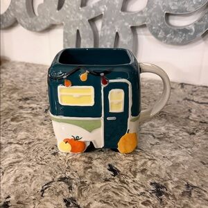 Anthropologie Teal Camper Mug with Pumpkin Accents